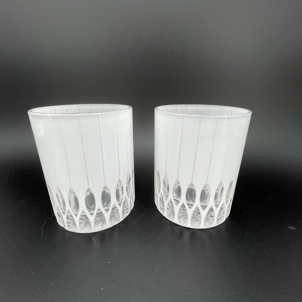 MCM Frosted White Lowball Glasses Clear Cathedral Arch‎ Base Pinstripe Set of 2